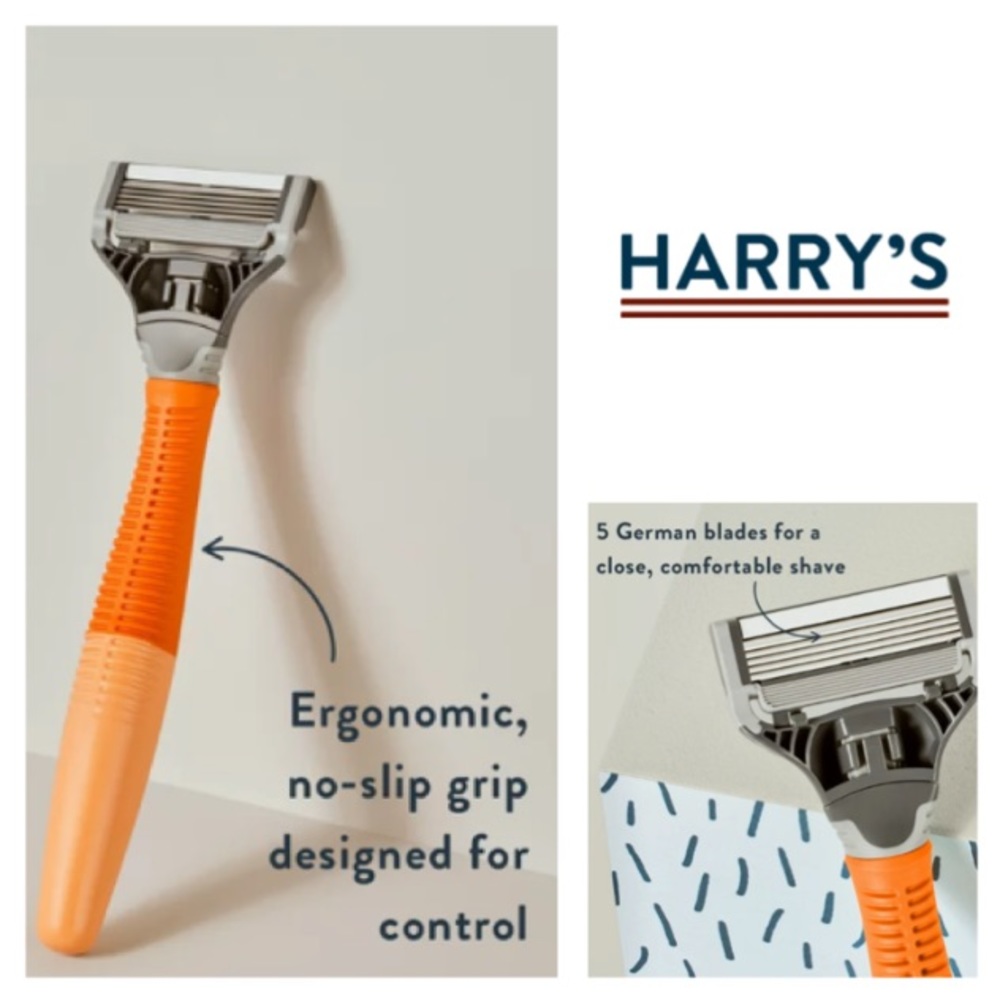 NEW!  Harry's Men's 5-Blade Manual Razor Handle & 2 Razor Blade Refills- Orange